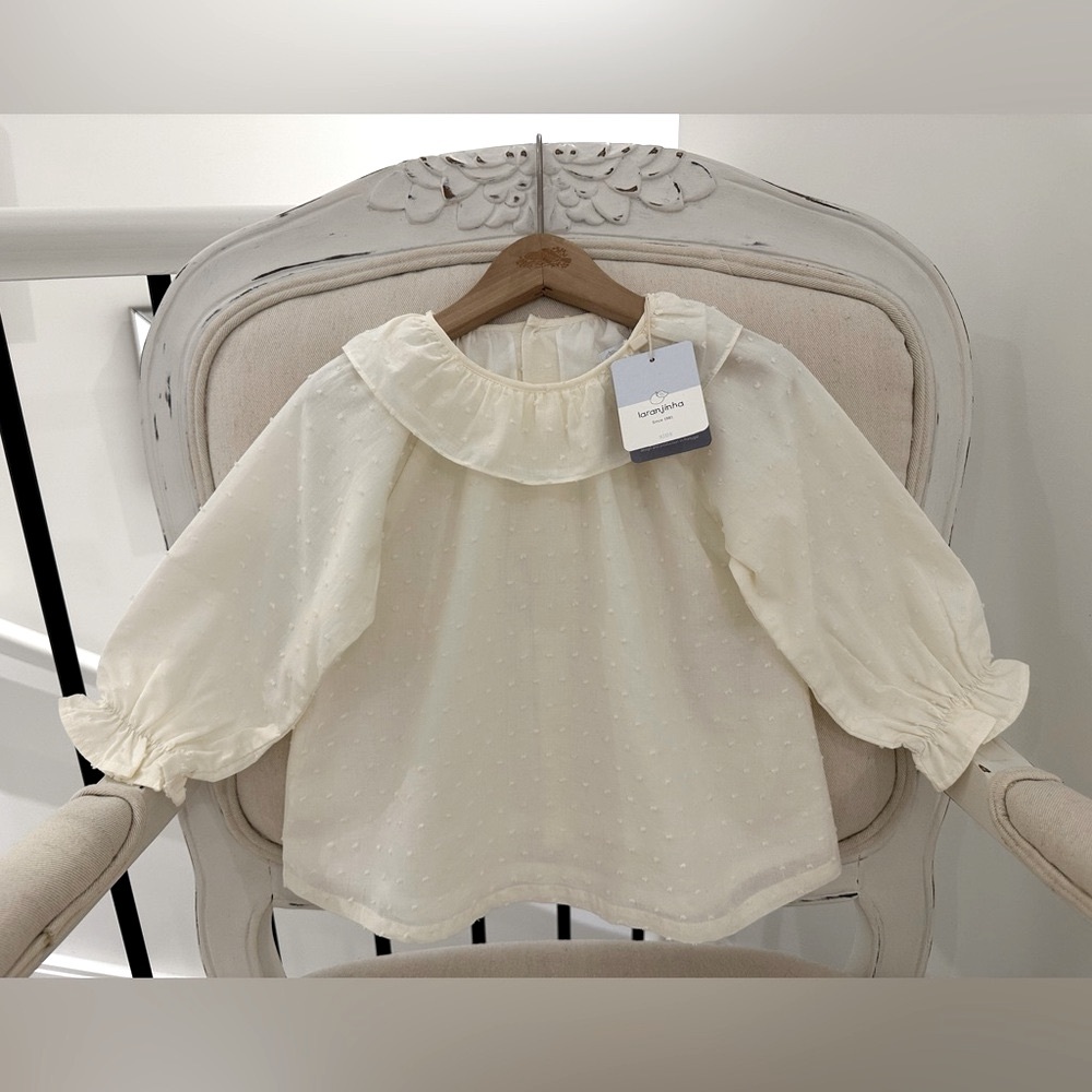 2T Girls Ivory Swiss Dot 100% Cotton Blouse by Laranjinha Made in Portugal NWT